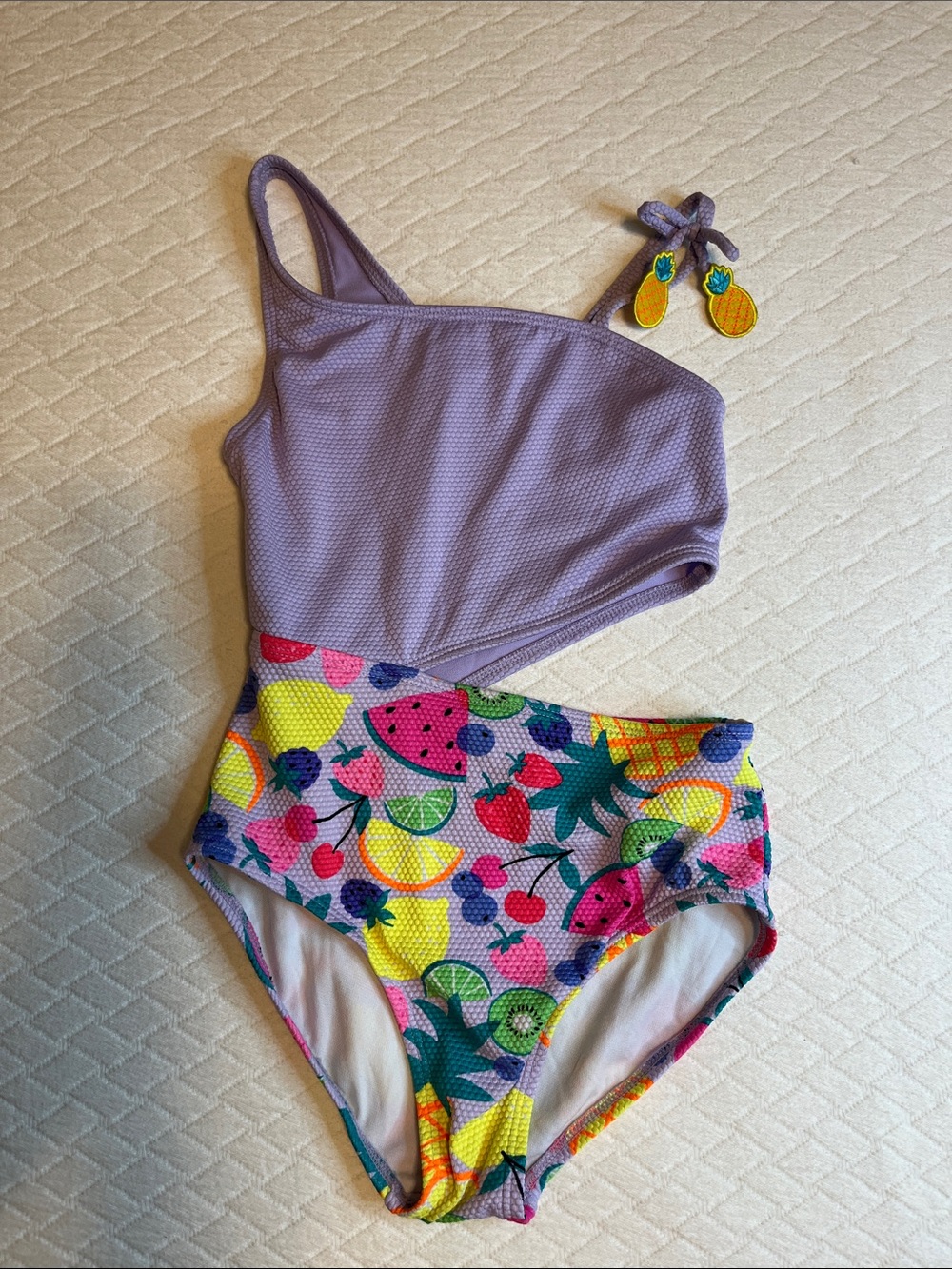 Cat & Jack Lavender Fruit-Print One-Piece Swimsuit, asymmetrical cut, size M (8)